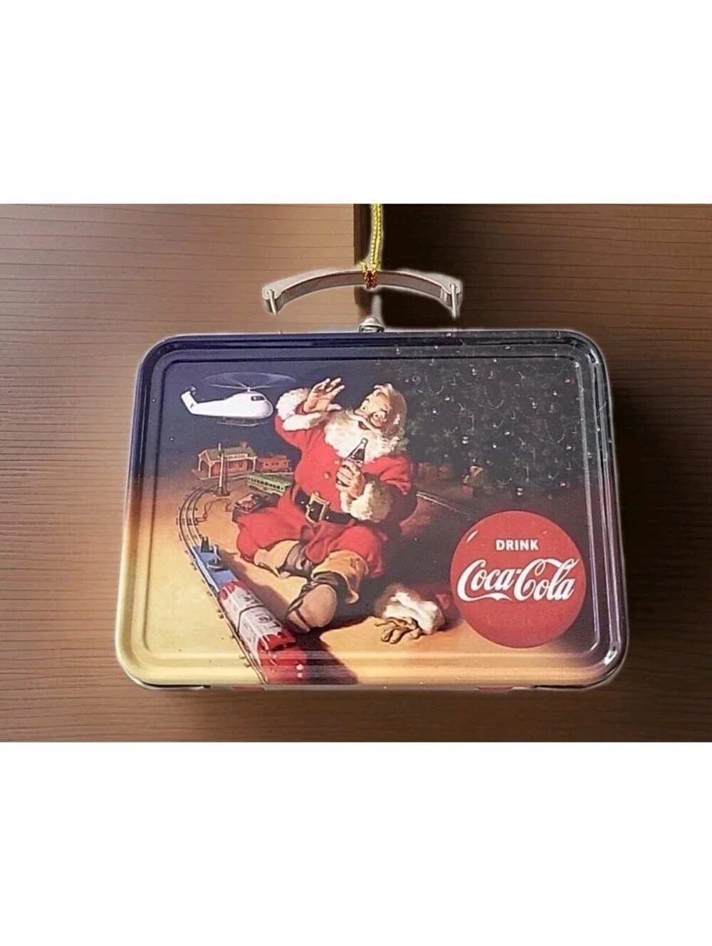 Vtg Christmas Ornament Decoration Coca-Cola Santa Claus Mini Tin Box Works LNWOT